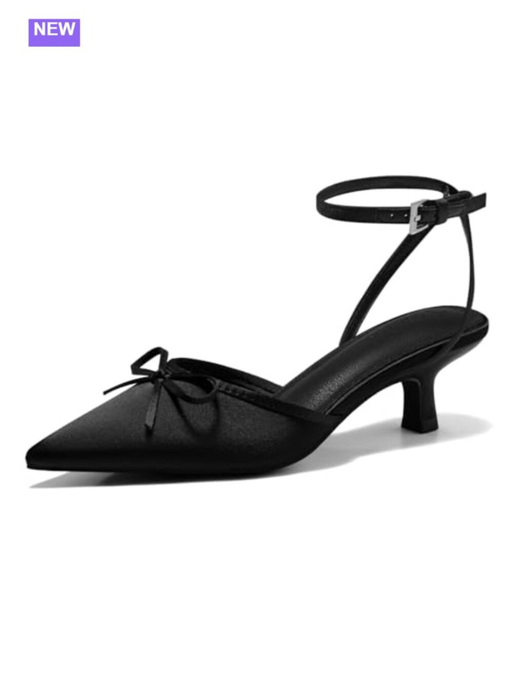 Satin Kitten Heels Pointed Toe Bow Ankle Strap Low Dress Pumps
